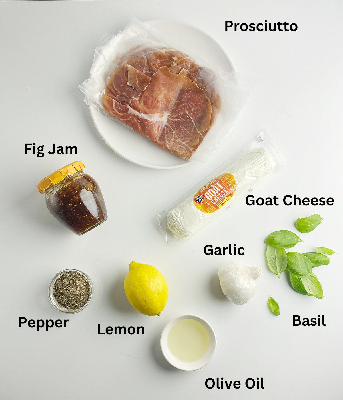 Ingredients needed for prosciutto cheese rolls.