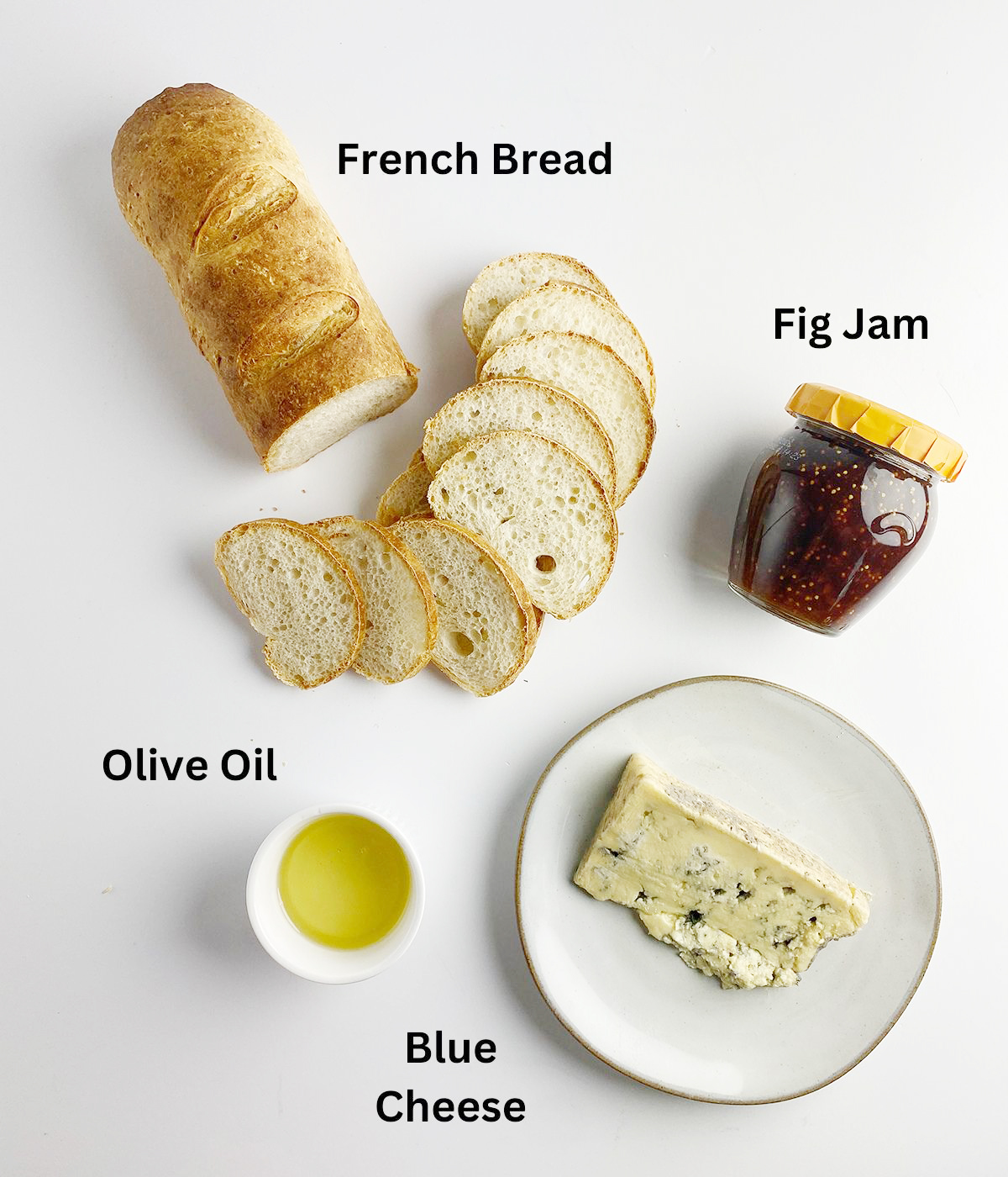 Ingredients needed for fig and blue cheese crostini.