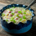 15 minute ham and potato chowder in a bowl.