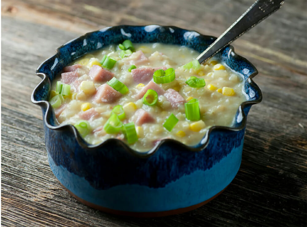 15 minute ham and potato chowder in a bowl.