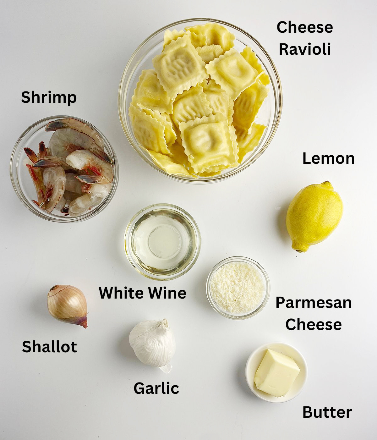 Ingredients needed for shrimp scampi ravioli.