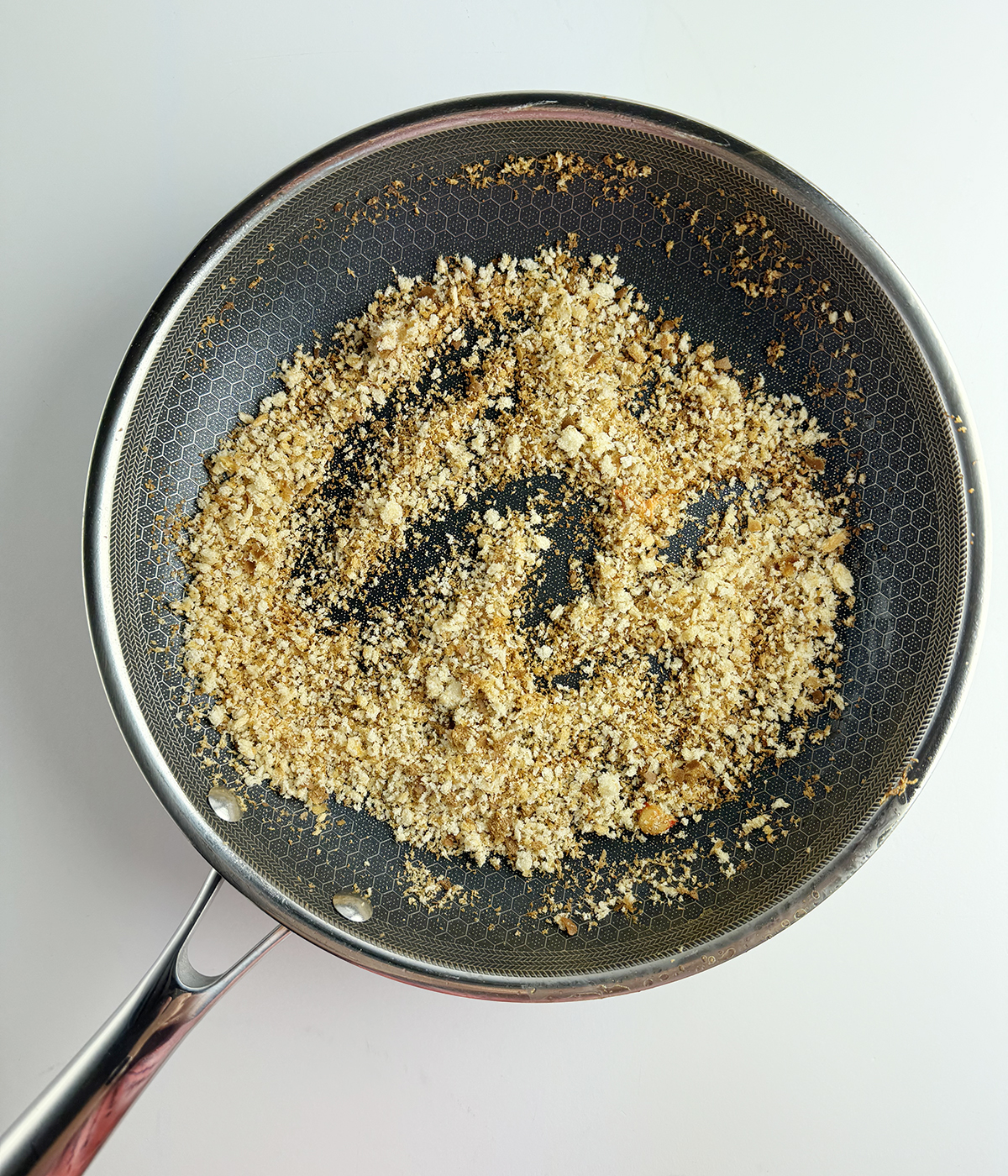 Toasted bread crumbs in a skillet