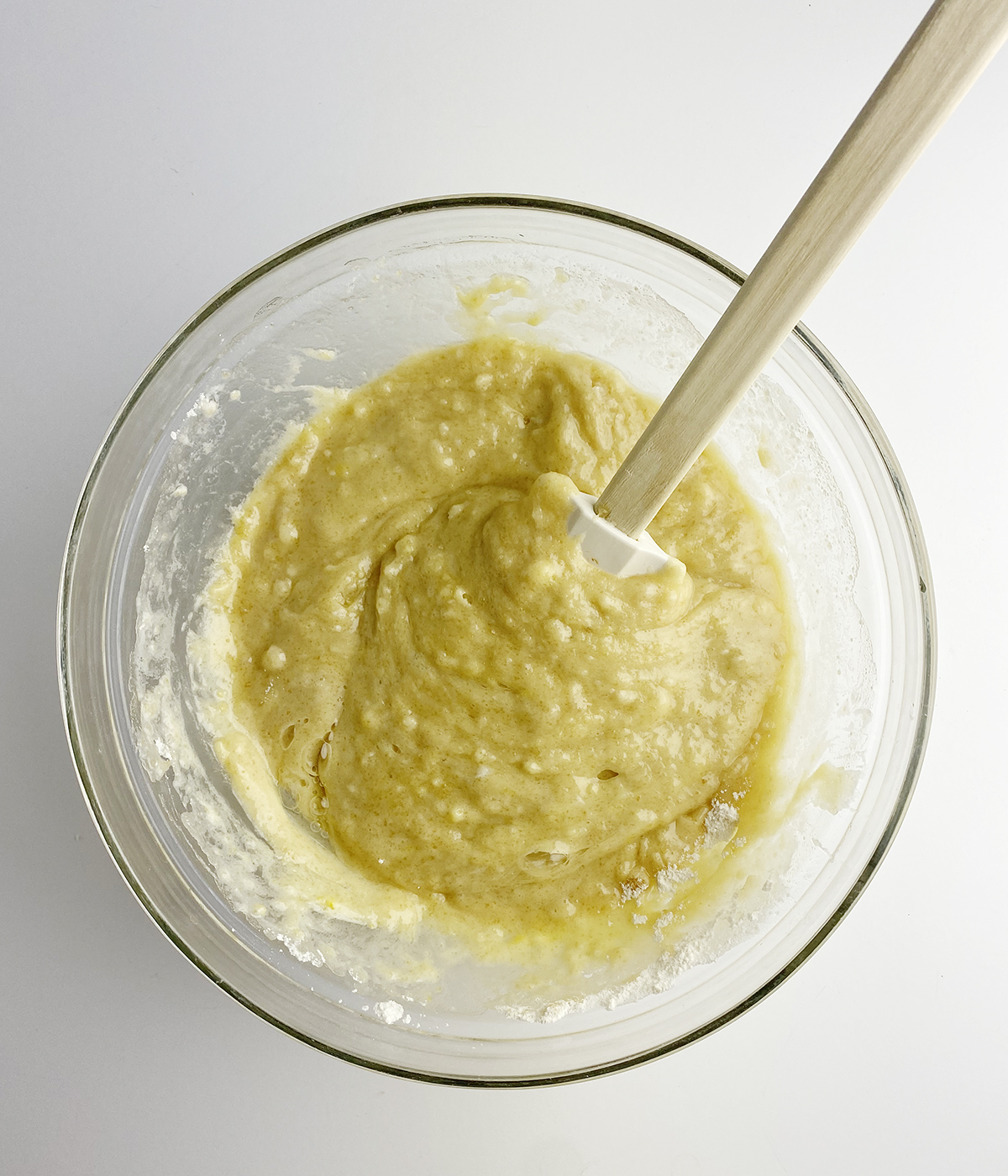 Blueberry boy bait batter in a mixing bowl.